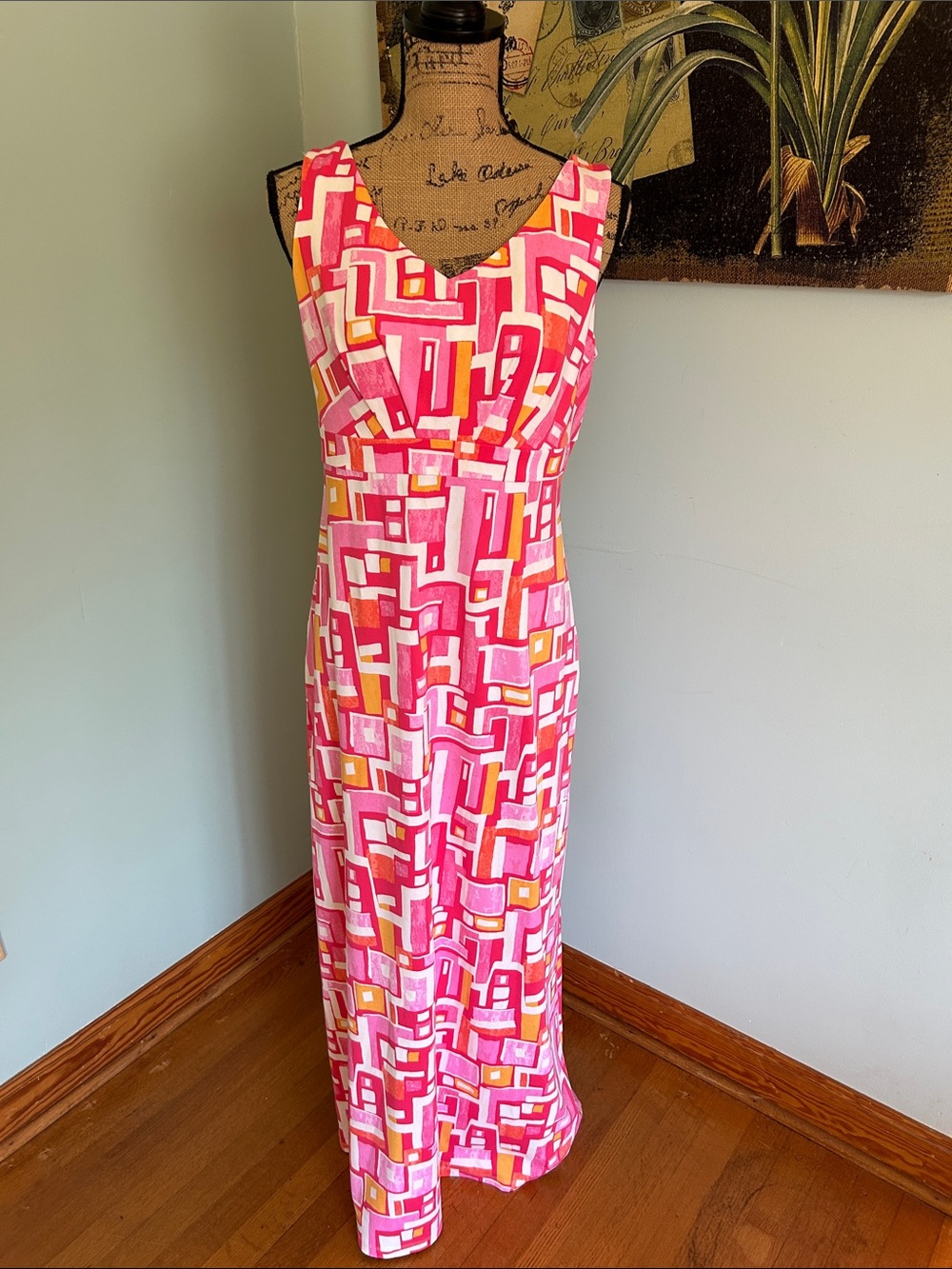 Sleeveless Pink Geometric Print Maxi Dress